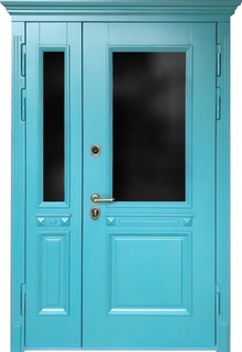 Уличная полуторная дверь с остеклением, карнизом и терморазрывом (отделка – плиты МДФ RAL голубого оттенка)