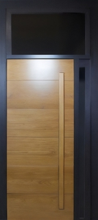 Остекленная термодверь с верхней и боковой вставкой, с длинной ручкой и скрытыми петлями (комбинированные плиты МДФ)