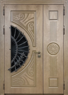 Стальная полуторная термодверь с полукруглым стеклом и художественной ковкой (отделка МДФ) Стальная полуторная термодверь с полукруглым стеклом и художественной ковкой (отделка МДФ)