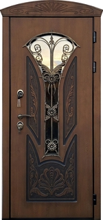 Металлическая термодверь с фигурным стеклом и художественной ковкой (МДФ)